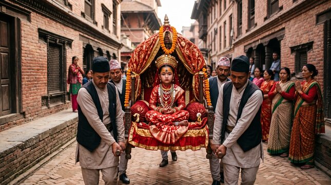 Young Kumari Goddess Procession in Nepal Traditional Street Ceremony