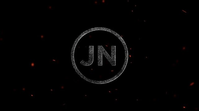 Glowing metallic logo emblem featuring the letters JN enclosed within a circular frame with floating embers