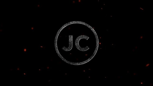 Glowing metallic monogram logo with initials JC inside a circular frame surrounded by floating embers