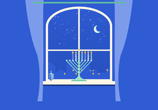 Hanukkah menorah in the window sixth night flat vector illustration