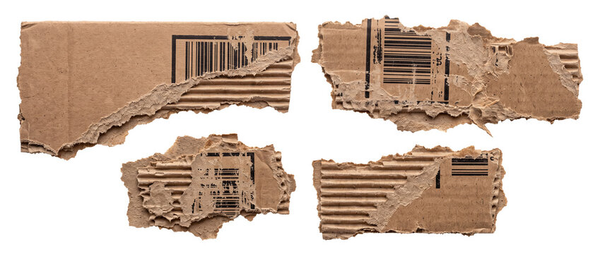 Torn corrugated cardboard barcode pieces isolated on black background, ripped brown paper box scraps, shipping package fragments, grunge textured materials for digital collage and design elements.