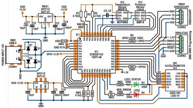 Electronic circuit board schematic with smd components and gpio