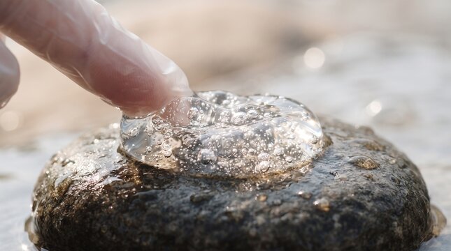 Gloved finger touching clear viscous liquid gel on a wet rock