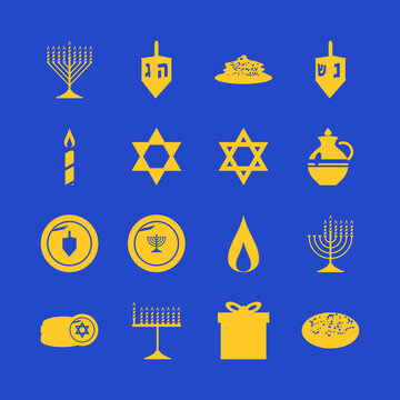 Hanukkah glyph silhouette icon set menorah dreidel Star of David