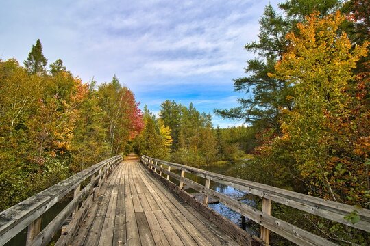 Beautiful September landscape of the Bearskin State Trail crossing a quiet stream on a wooded trestle in a forest displaying bright autumn colors near Minocqua, WI.