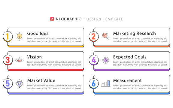 Infographic design template 6 steps business. Modern white rounded boxes with numbers and line icons on light background.