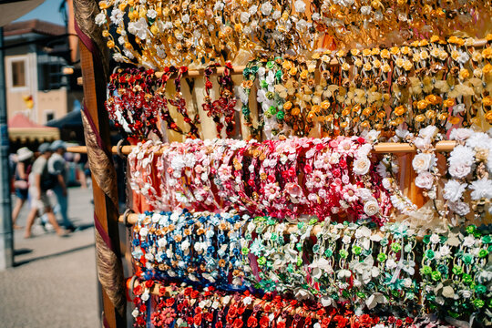 Market Stall Displays Colorful Handmade Accessories in the Square