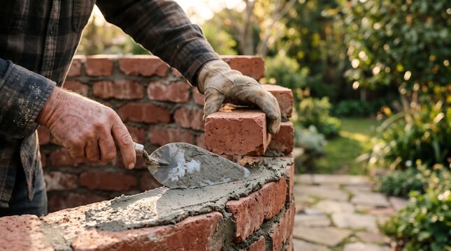 Bricklayer building a garden wall with trowel and bricks in sunlight