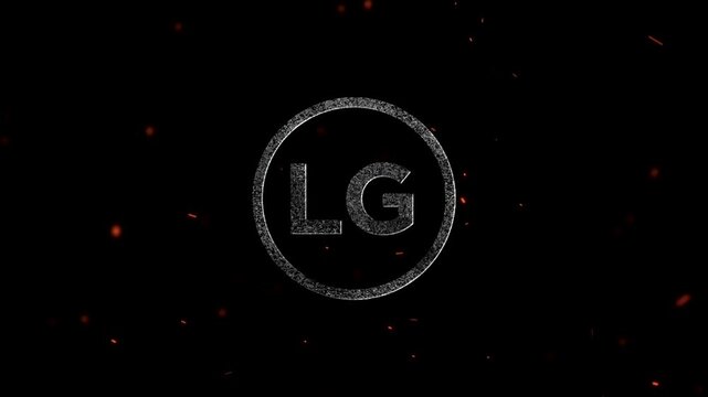 Glowing neon letters LG initials inside a circular frame with floating particles