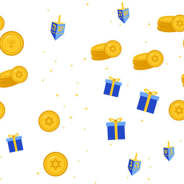 Hanukkah seamless pattern dreidel gelt gelt coins on white background