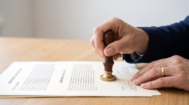 Person stamping and signing a certified translation document on a wooden desk