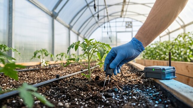 Professional farmer using a digital soil moisture sensor probe in a modern greenhouse to monitor plant health and optimize irrigation systems