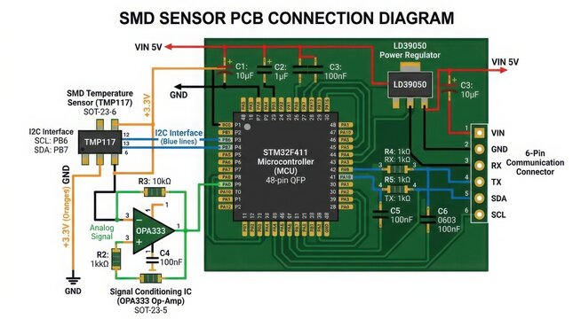 SMD temperature sensor PCB connection diagram with STM32