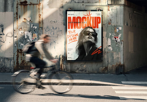 Outdoor Advertising Poster Mockup with Blurred Cyclist