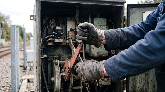 Worker operating heavy machinery lever in industrial setting near train tracks