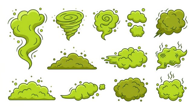 Green Stinky Gas and Bad Smell Cartoon Vector Illustration Set - Toxic Smoke and Odor Clouds for Graphic Design
