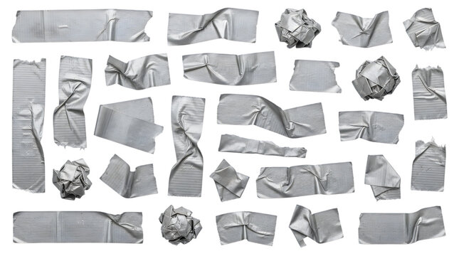 Assorted silver duct tape strips and crumpled balls arranged on a dark black background surface