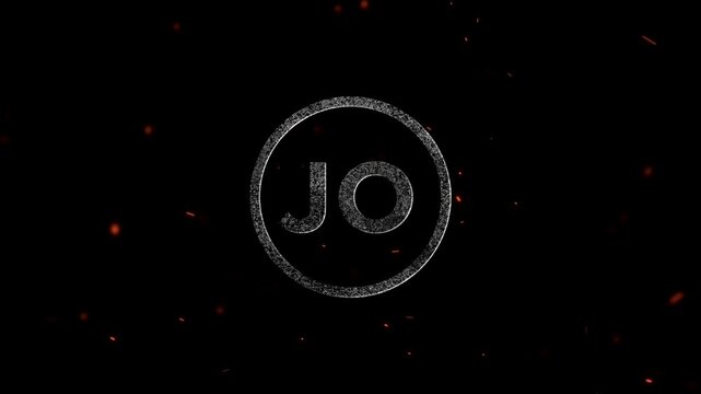 Glowing particle letter JO inside a circular frame with floating embers