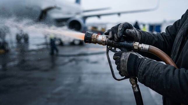 Airport worker deicing airplane wing with spray nozzle in cold weather