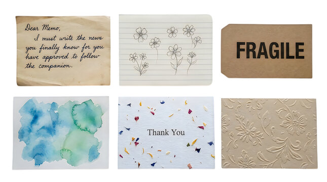 Assorted stationery cards including handwritten notes, floral and textures paper