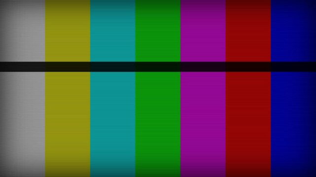 Retro television color bars test pattern with digital glitch scanline distortion effect