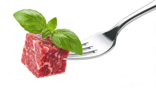 Close up of a fresh raw beef steak cube pierced by a fork with a basil leaf on white background