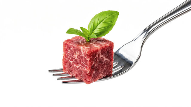 Raw wagyu beef cube on a silver metal fork garnished with fresh basil leaf isolated on white