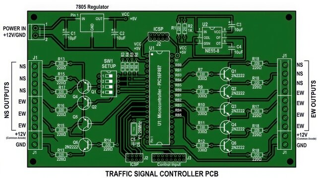 Traffic signal controller pcb board with 7405 regulator and icsp