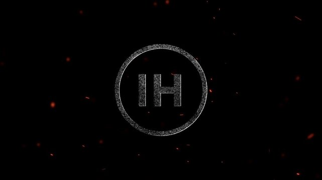 Initials IH inside a circular emblem surrounded by floating glowing fire embers