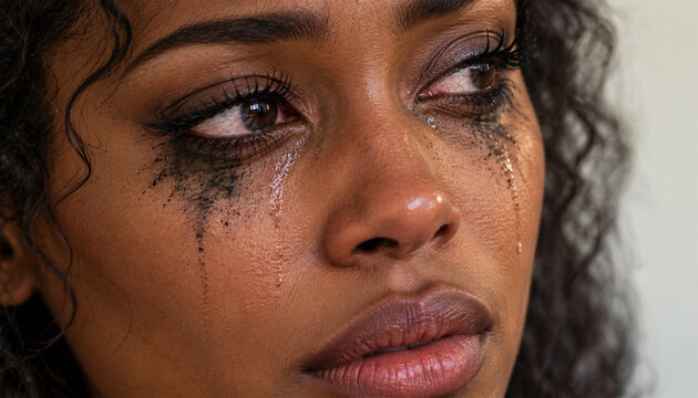 Close up portrait of a crying Black woman with tears streaming down her face and smudged mascara, expressing sadness, heartbreak and emotional distress