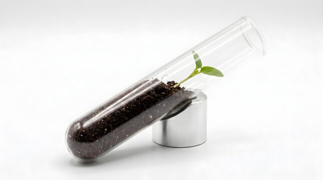 Small green plant sprout growing in soil inside a glass test tube on a metal stand