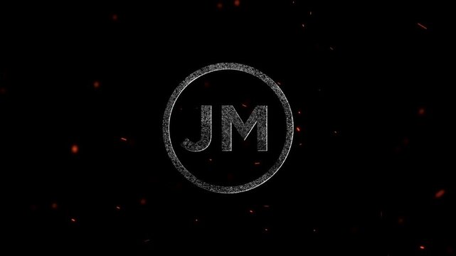Initials JM inside a circular frame with floating embers and dust particles
