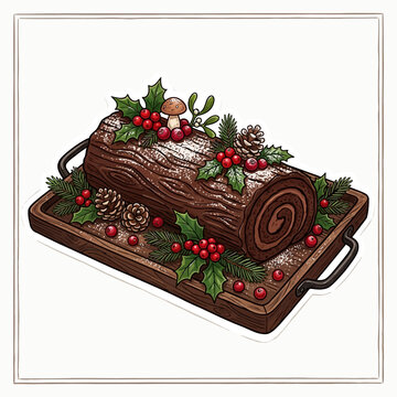 Traditional chocolate Yule log cake with Christmas decoration