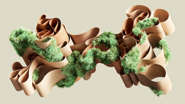 Abstract Curled Wood Ribbon Sculpture with Green Moss