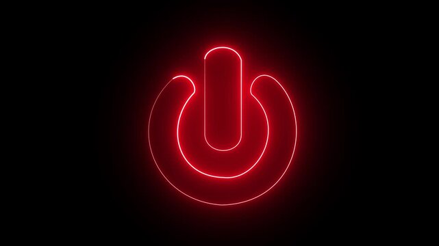 Neon Power button icon animation glowing red color shutdown switch screen turn on off button computer mobile phone startup stop sign closed icon on black background