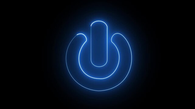 Neon Power button icon animation glowing blue color shutdown switch screen turn on off button computer mobile phone startup stop sign closed icon on black background