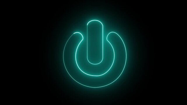 Neon Power button icon animation glowing violet color shutdown switch screen turn on off button computer mobile phone startup stop sign closed icon on black background