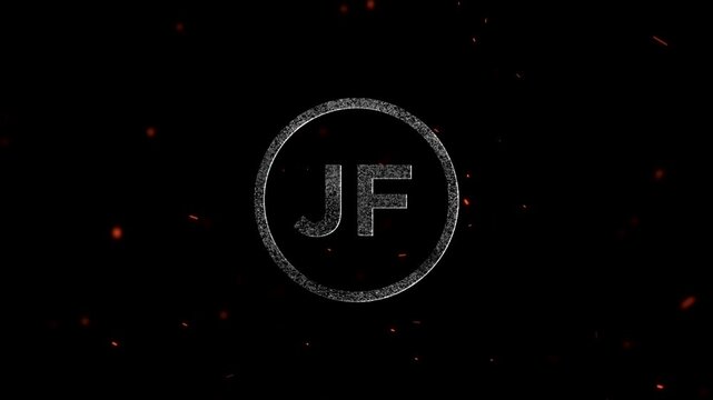 The letters JF presented inside a glowing circular frame with floating embers