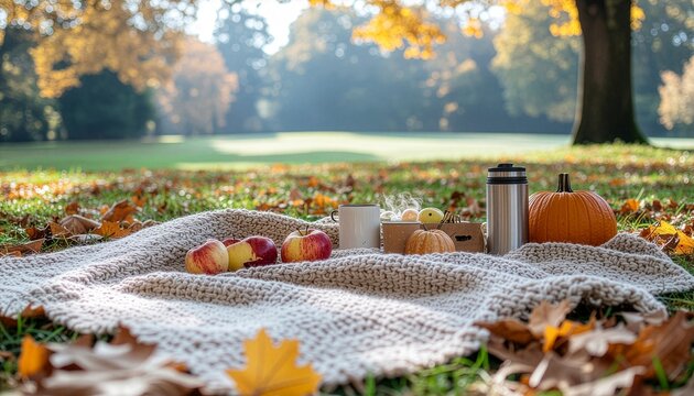 A cozy autumn picnic on a knit blanket in a sunlit park. Features fresh apples, an orange pumpkin, a thermos, and fallen leaves on green grass. Ideal for warm seasonal fall concepts.