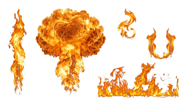 Collection of various fire and explosion isolated on a black background, flame burning