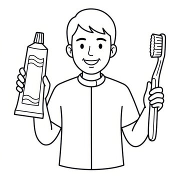 Boy holding toothpaste and toothbrush line art