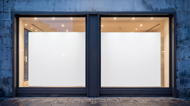 Blank storefront window display mockup on a wet city street at dusk