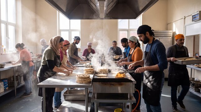 Volunteers making rotis in a large community kitchen, langar seva