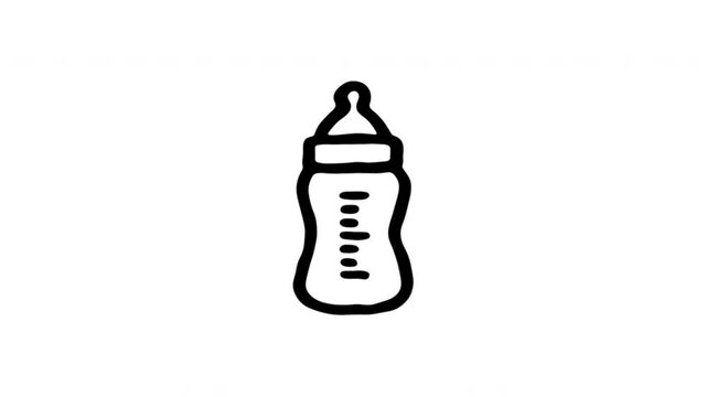 Baby Bottle For Infant Feeding And Childcare Hand-Drawn Doodle Animation With Alpha Channel. Nursing Bottle And Newborn Care, Transparent Background. 4K Loop Hand Drawn Icon.