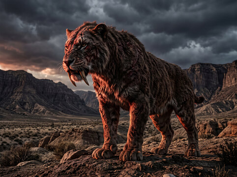 Saber-toothed cat standing on rocky terrain under stormy dark clouds