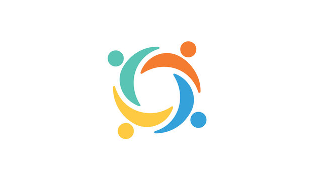 Creative community logo design featuring four multicolored abstract human figures joining hands in a circle.