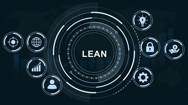 Dynamic lean methodology concept animation featuring futuristic hud interface with digital global business strategy infographics, corporate efficiency optimization, and management systems