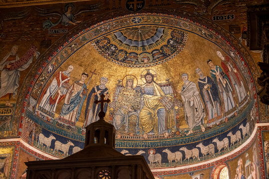 Rome, Italy - March 30, 2026 - Close-up of Jesus, Mary, and saints in the apse mosaic of Santa Maria in Trastevere Rome