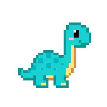 Cute pixel art baby dinosaurus with long neck. Editable vector 8-bit pixel dinosaur (brontosaurus) sprite for mobile games, stickers, kids designs and mosaic puzzle