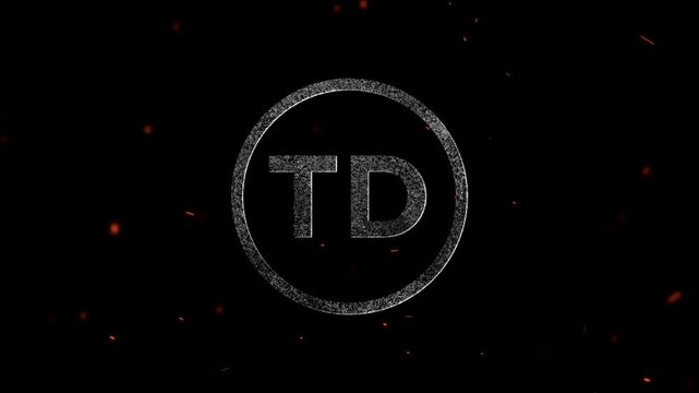 Abstract letter TD logo design with grainy texture inside a circular frame on fire particles background